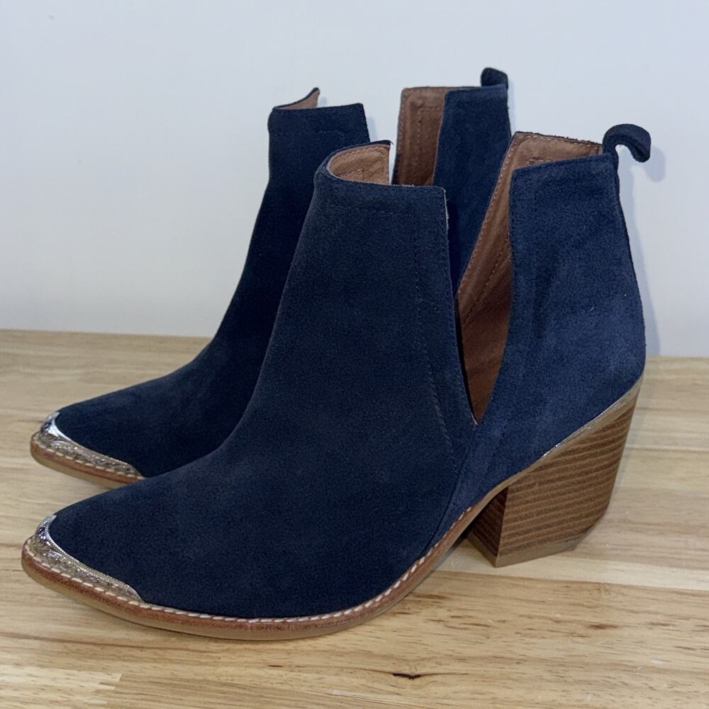 Jeffrey Campbell Cromwell Booties Blue Suede Metal Toe Heel Style Western Sz 8